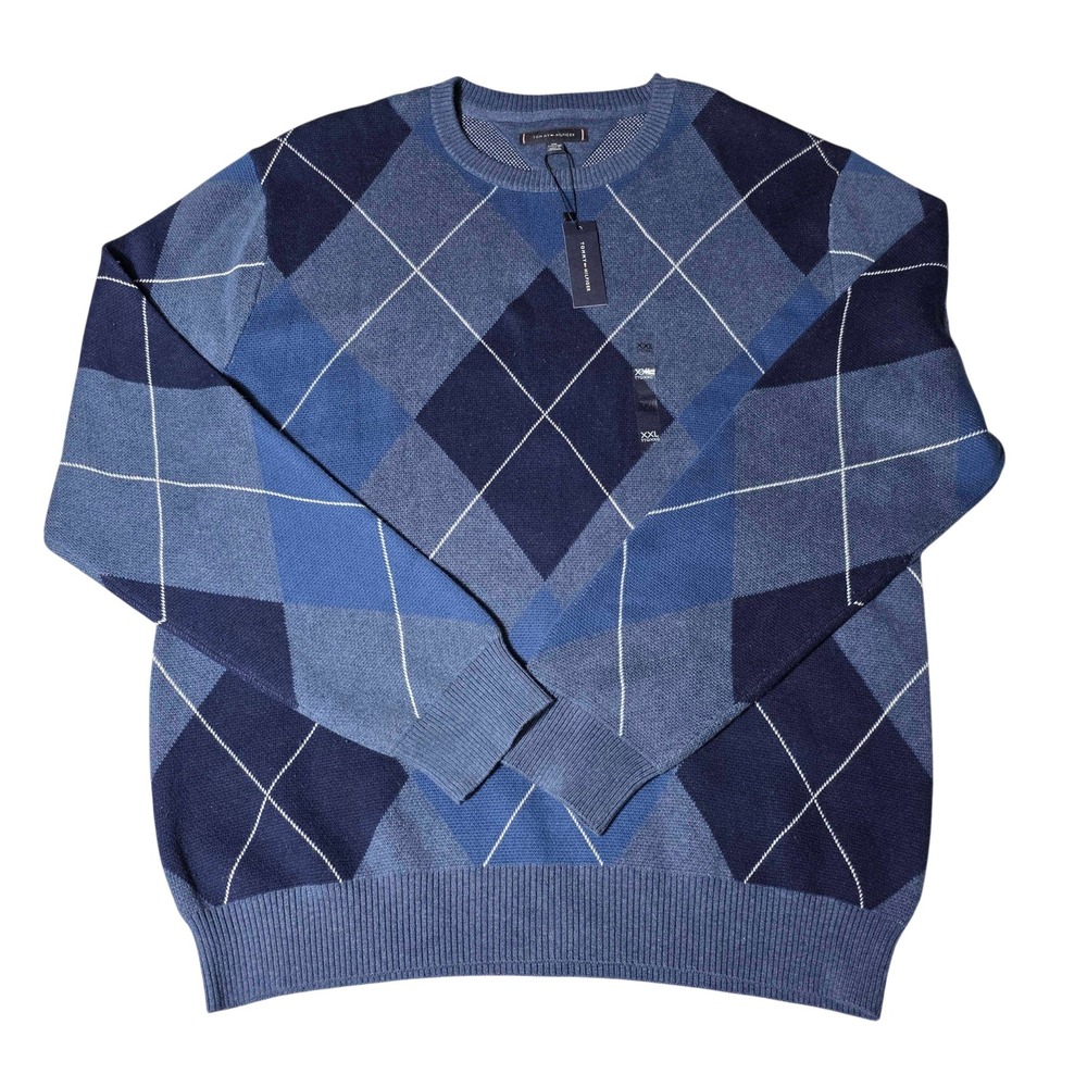 Tommy Hilfiger Argyle Crewneck Sweater Mens XXL 2XL Blue Navy Cotton NWT XM06023